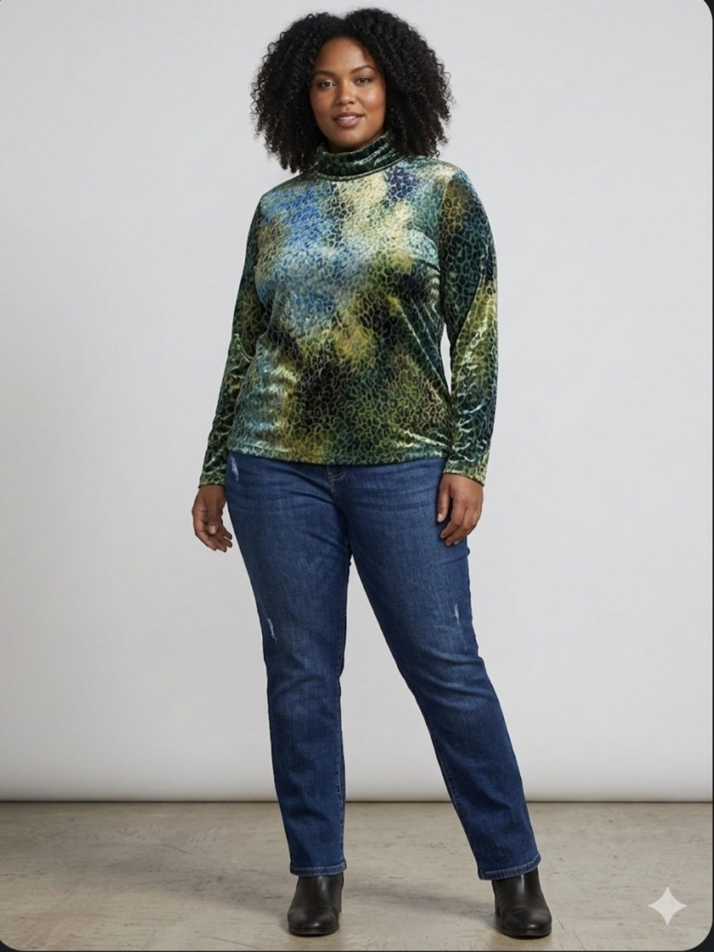 SNO SKINS Green & Teal Burn Out Velvet Animal Print Turtleneck